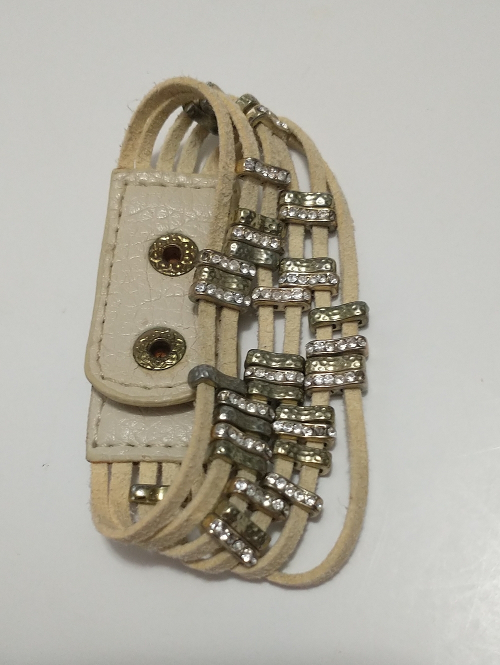 Beige Faux Suede Multi-Strand Crystal Accent Bracelet